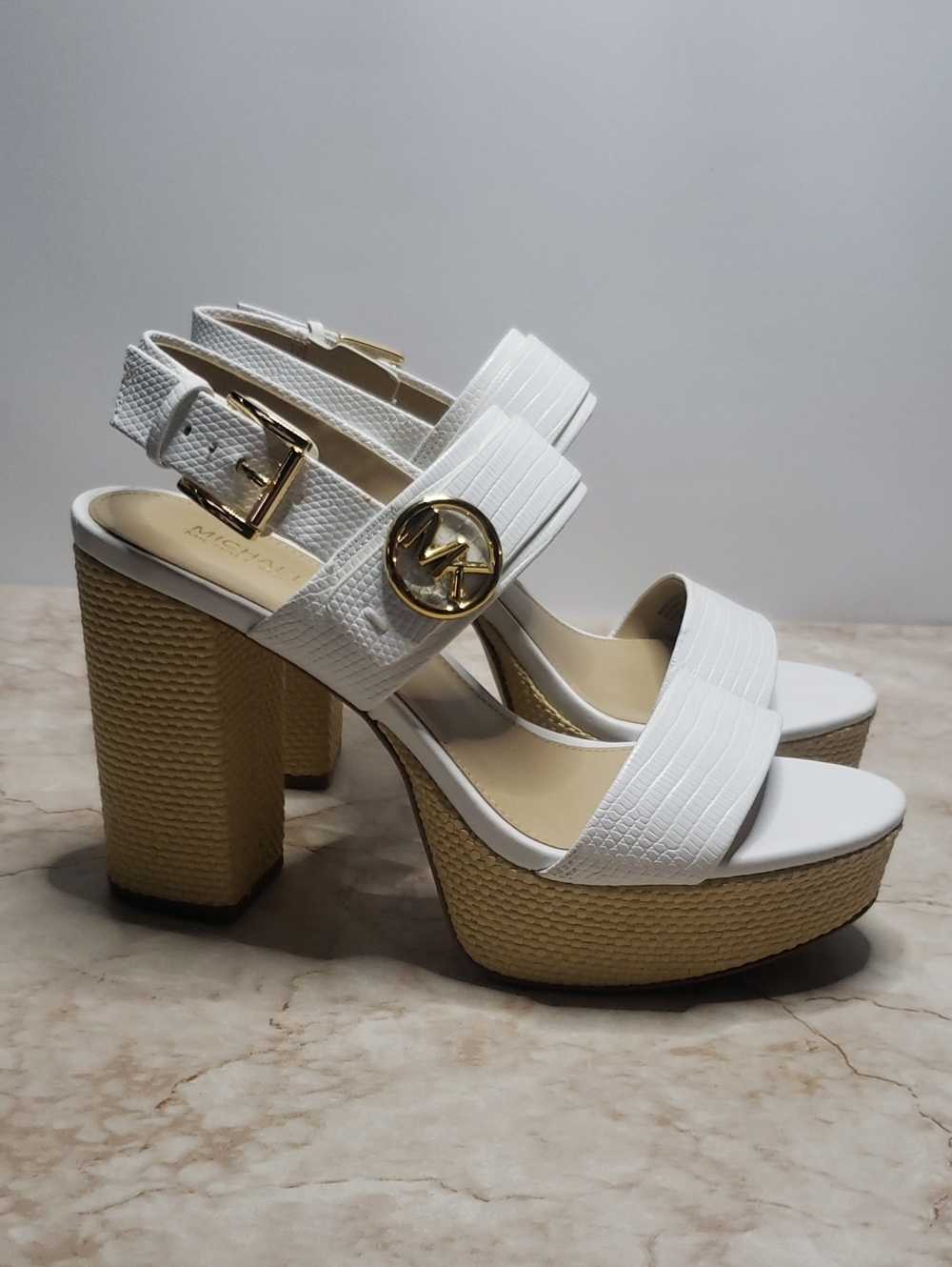 Michael Kors White Platform Sandals with Gold MK Hardware 7.5